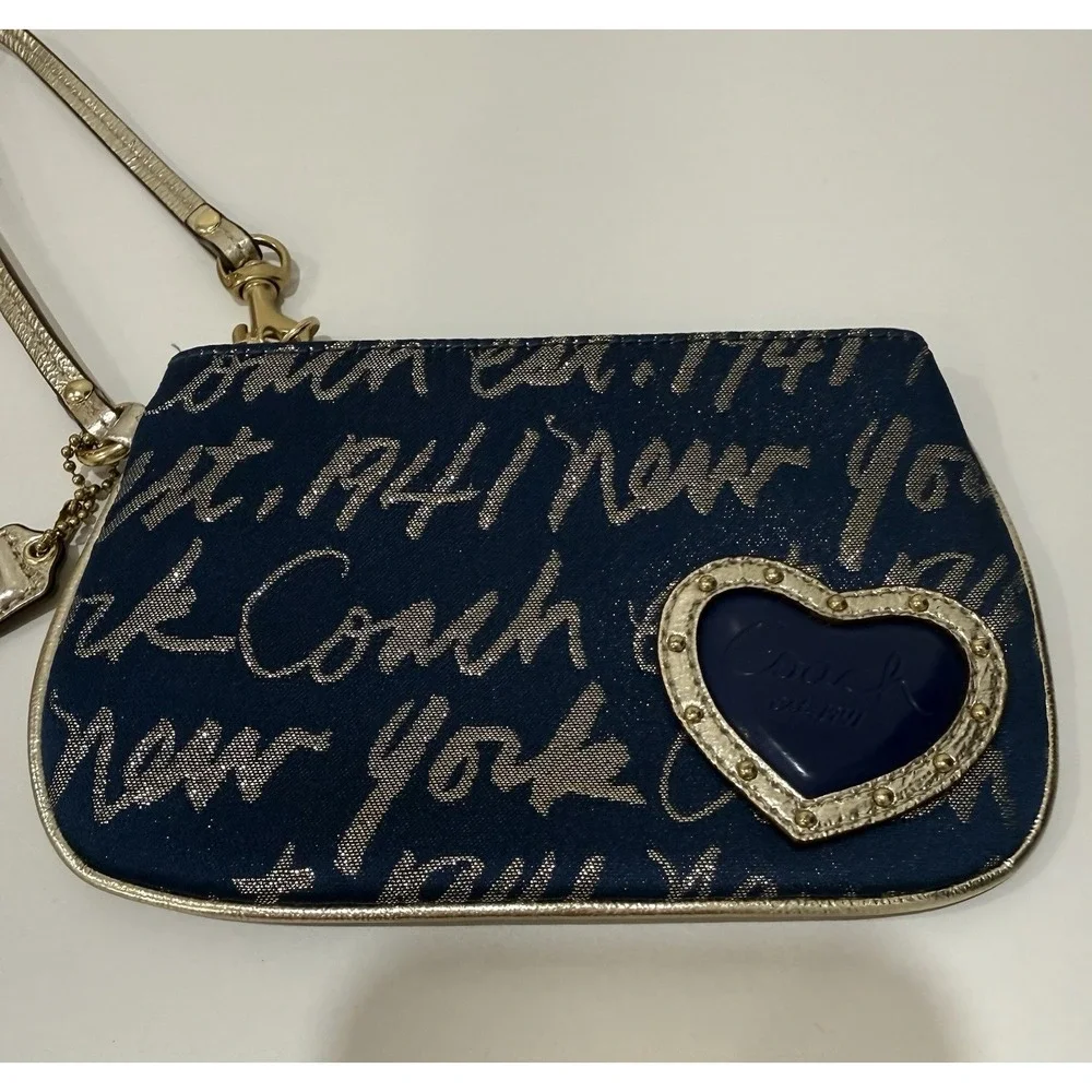 Coach Script New York Gold Trim Navy Blue Heart Purse Bag Wristlet